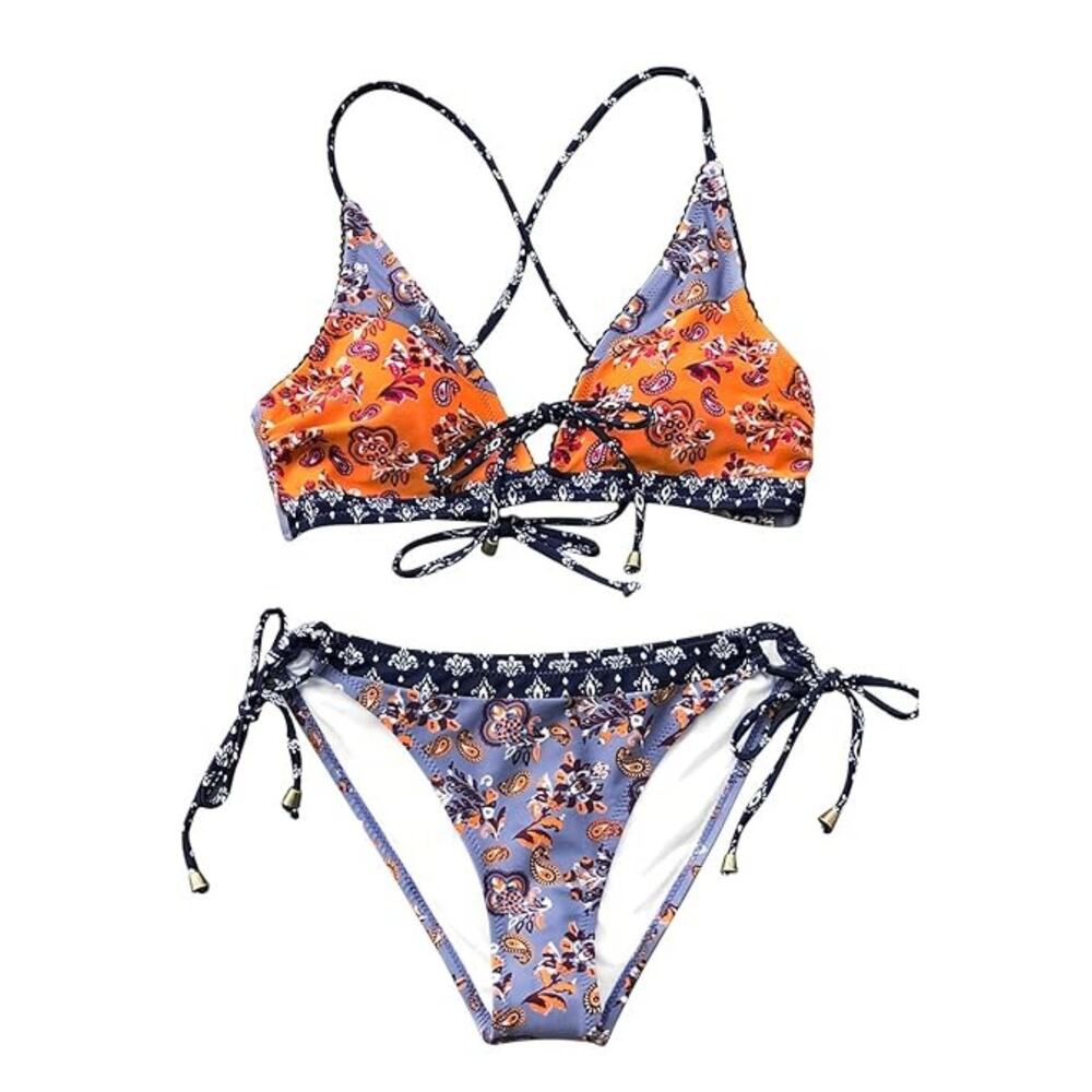 CUPSHE Women’s Paisley Print Bikini Set Back Crisscross Lined Swimsuit L
